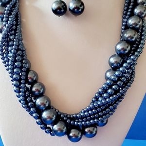 Blue twisted strand pearl necklace set